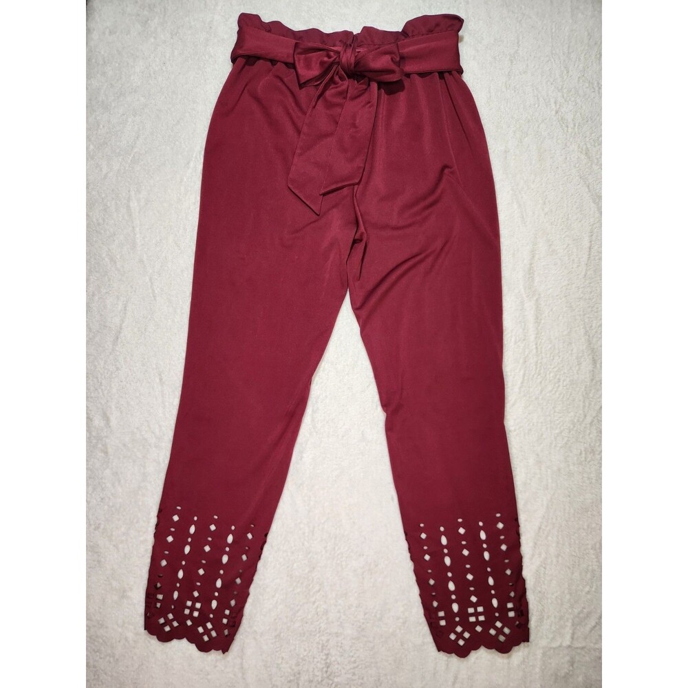 Women's Medium Paperbag Pants Cut-Out Accents Stretch Maroon